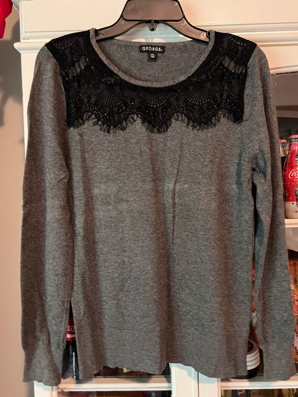 George Gray Knit Top with Black Lace Yoke